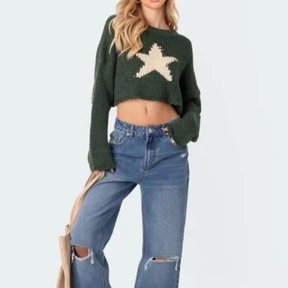 Edikted Crop Sweater Women’s M/L Mega Star Intarsia Knit Crewneck Green New Boxy